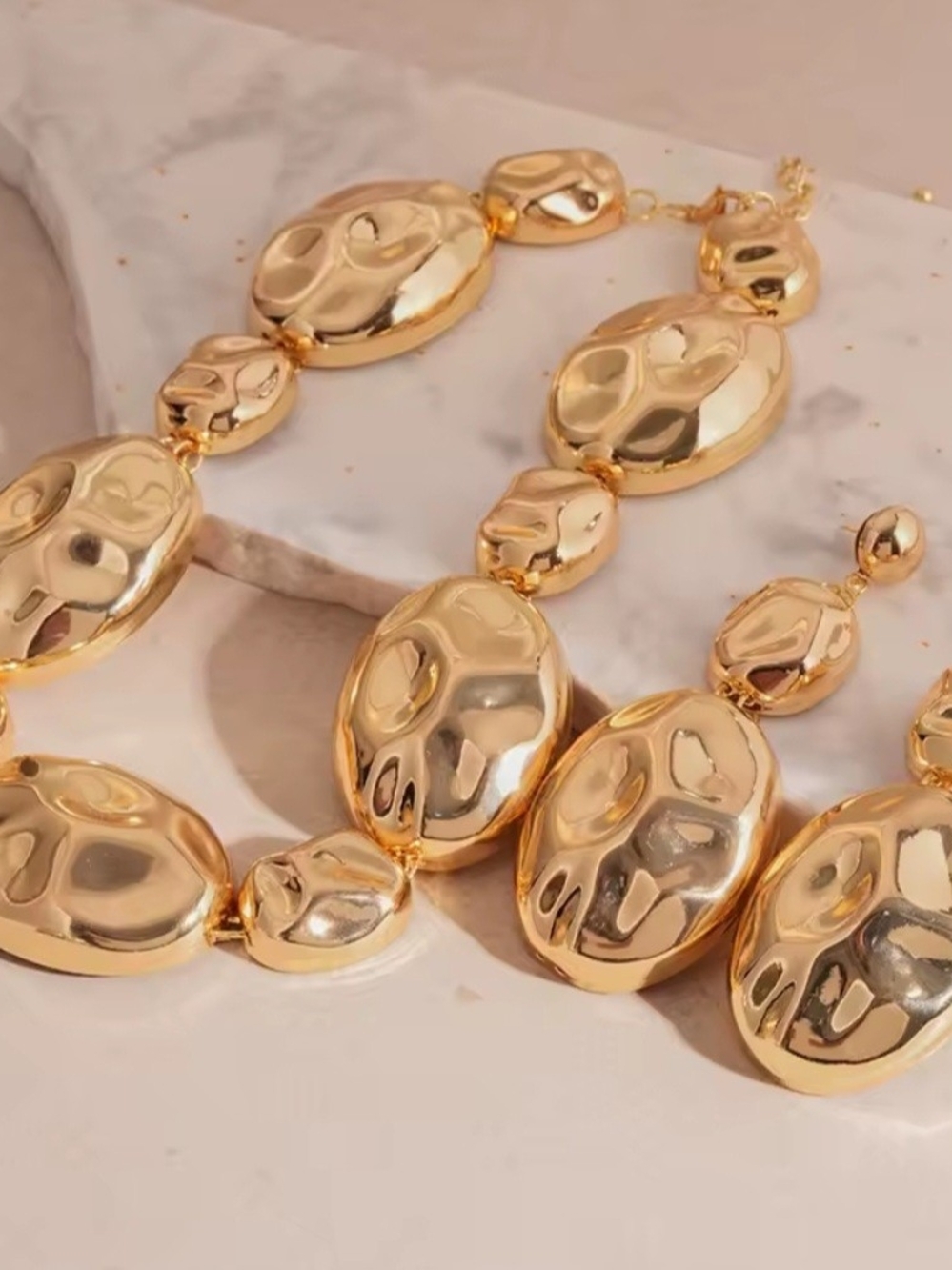 Gold Sculpted Oval Statement Necklace and Earrings Set - Picture 2 of 2